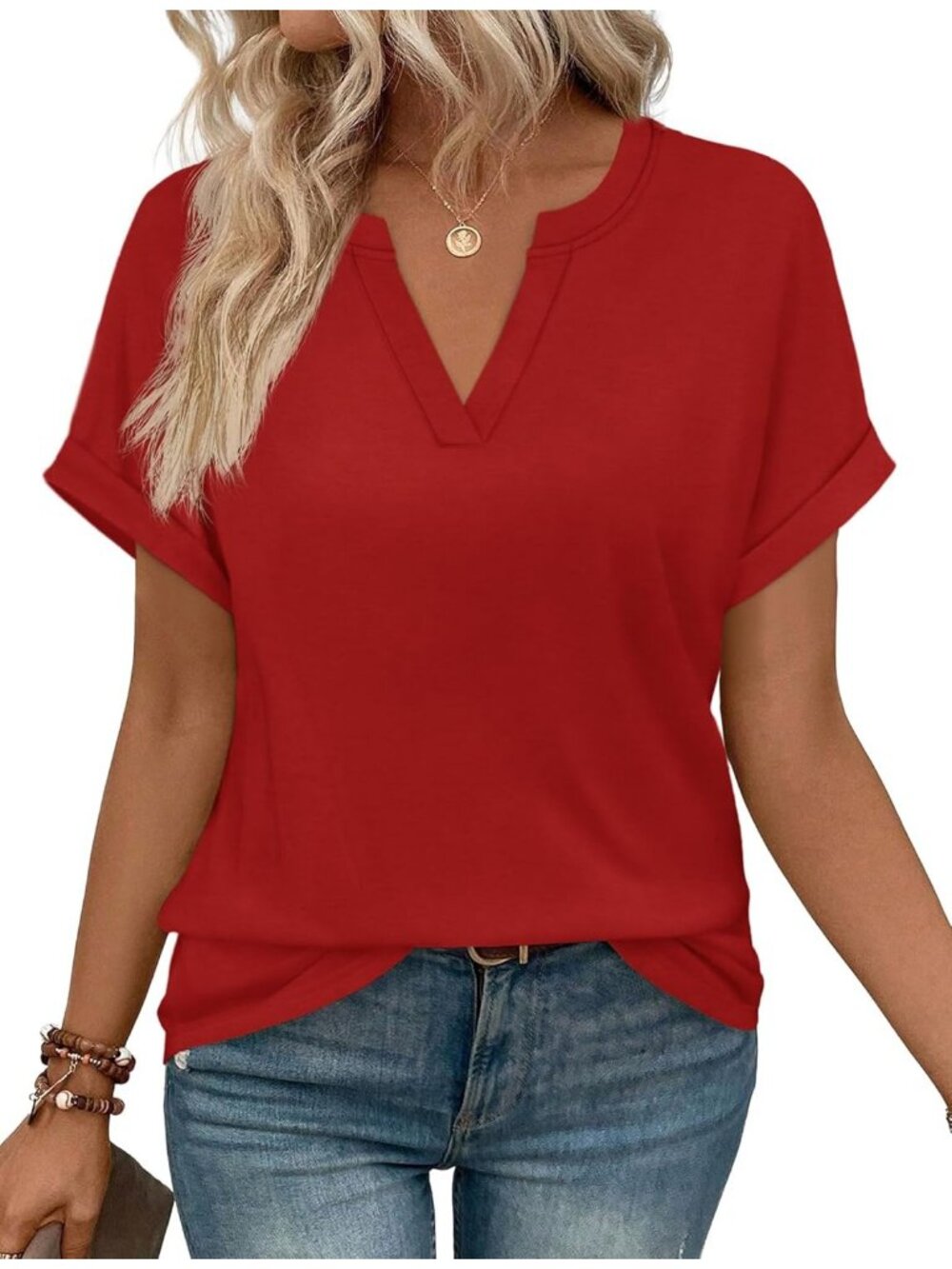 Women's T-Shirts Red V Neck Short Sleeve Casual Dress Summer Comfort